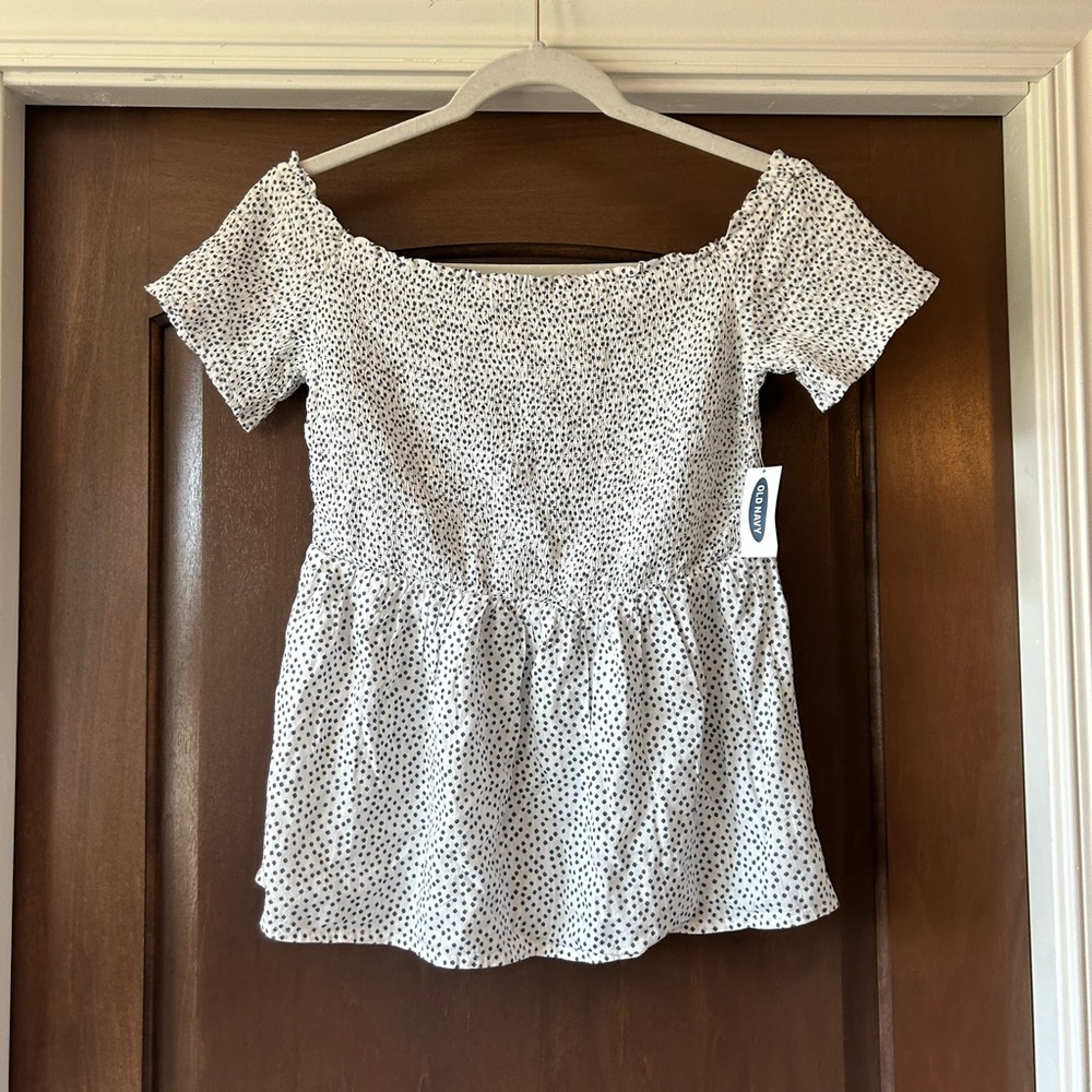 OLD NAVY, Blue and White Polka Dot Off The Shoulder Shirt, Blue/White, Size: S